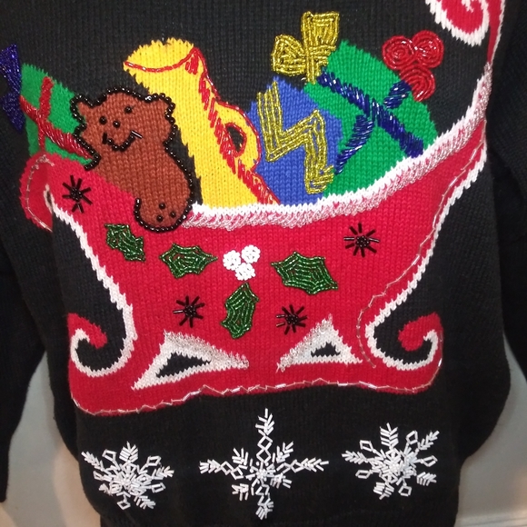 Vintage I.B. Diffusion Black "Santa's Sleigh" Bead Trimmed Christmas Sweater - Picture 5 of 11